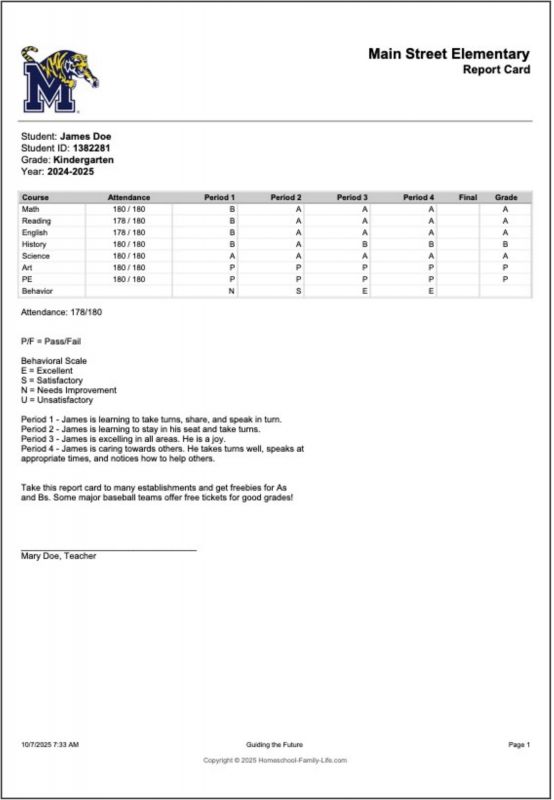 Elementary School Report Card